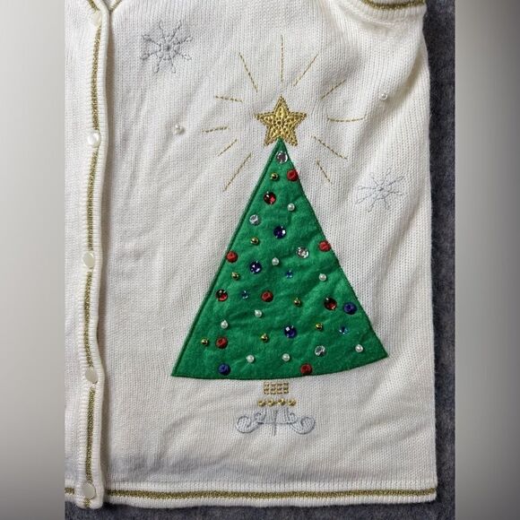 Holiday Christmas Ugly Sweater Vest Women's Large White Embellished Button Front - Picture 3 of 9